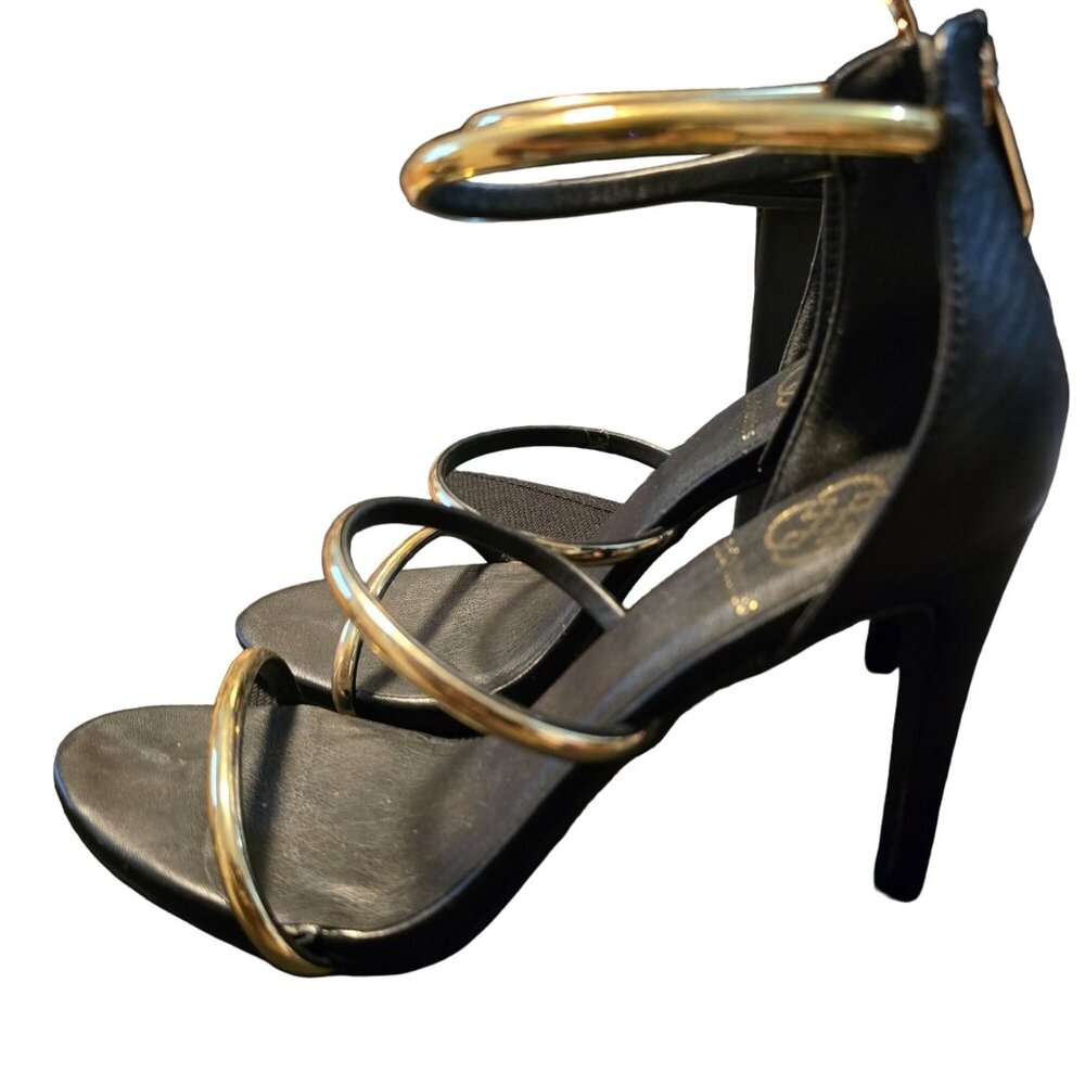 Daisy Fuentes Black & Gold Strappy Heeled Sandals size 8.5 Zipper Closure grunge